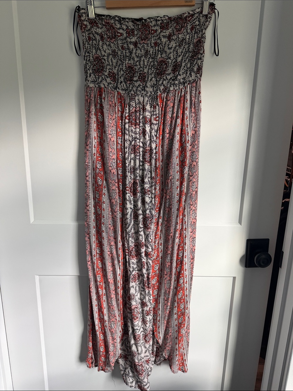 Angie Smocked Strapless Maxi Dress in Red and Cream Floral